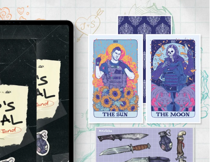 AzaleaHarrisArt's tweet photo. I just ordered the Soap's journal zine with merch and I WANT THE SUN/MOON CARDS SO BADLY OH LOOORDDD I WANT THEM NOOOWWW LOOK AT THEMMMM
#GhostSoap https://t.co/hfgHQ8Zqmy