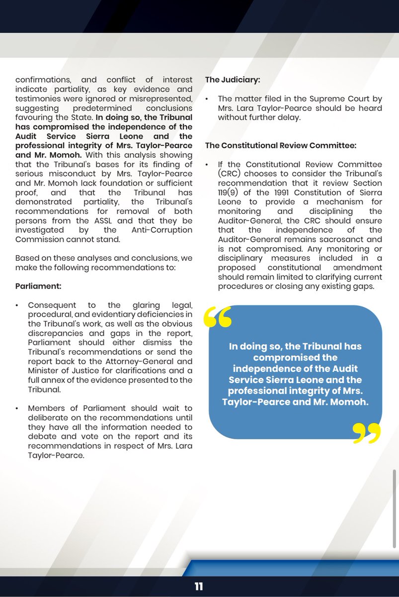 Called/texted your MP yet about the Report of the Tribunal on the Auditor General before Parliament debates it tmrw, 20 Dec 2024?
⬇️Reminder of our findings &amp; recommendations to Parliament. <a href="/ILRAJ2/">ILRAJ</a> <a href="/bansl92/">Budget Advocacy Network Sierra Leone -BAN</a> <a href="/SLAJ_Salone/">SLAJ Salone</a> <a href="/fiftyfiftygrpsl/">50/50 Group Sierra Leone</a> <a href="/EminentWomensl/">Eminent Women Peace Mediators (SL)</a> <a href="/clerkPOSL/">Clerk, Parliament of Sierra Leone🇸🇱</a> <a href="/sierraeyesalone/">SIERRAEYESALONE</a>