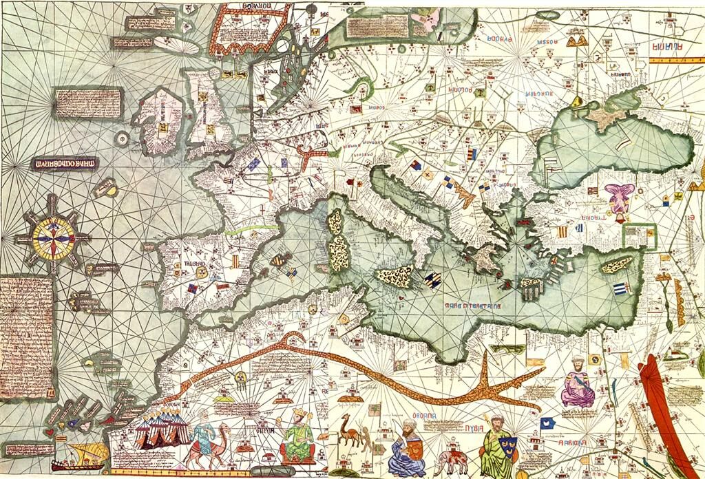 vintagemapstore's tweet image. Map of Europe and the Mediterranean from the copy to XX century of Catalan Atlas of 1375, second chart, first cartography.
