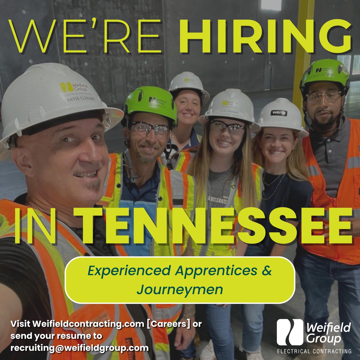 Weifield is hiring experienced apprentices and journeymen electricians to join our Tennessee team!
Apply today to be part of a team that’s powering communities and building the future!  #Hiring #TennesseeElectricalJobs #WeifieldWay