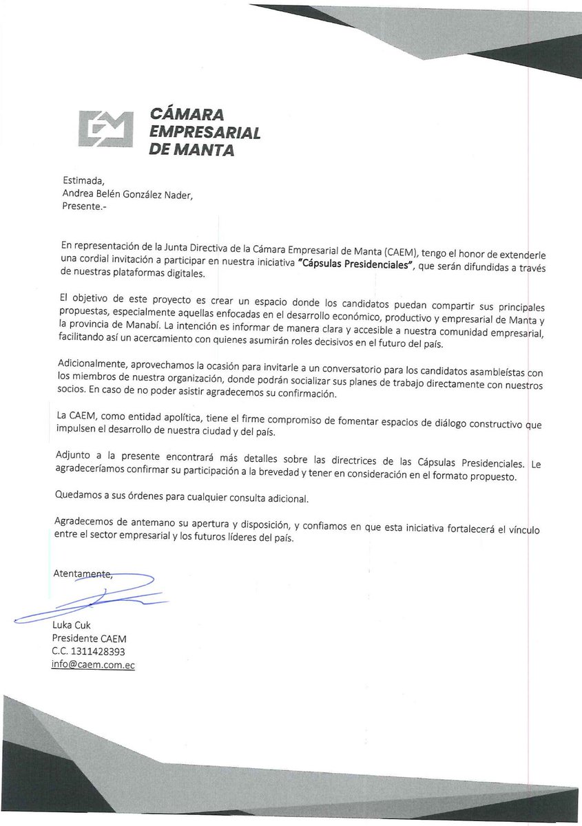 Estimada Candidata <a href="/AndreGonzalezNa/">AndreaGonzalezNader</a> ,

Desde #CAEM nos encantaría contar con su participación en nuestras Cápsulas Presidenciales, un espacio para compartir sus propuestas con la comunidad empresarial de Manta.

¡Aguardamos con interés su valiosa participación! 🇪🇨🤝