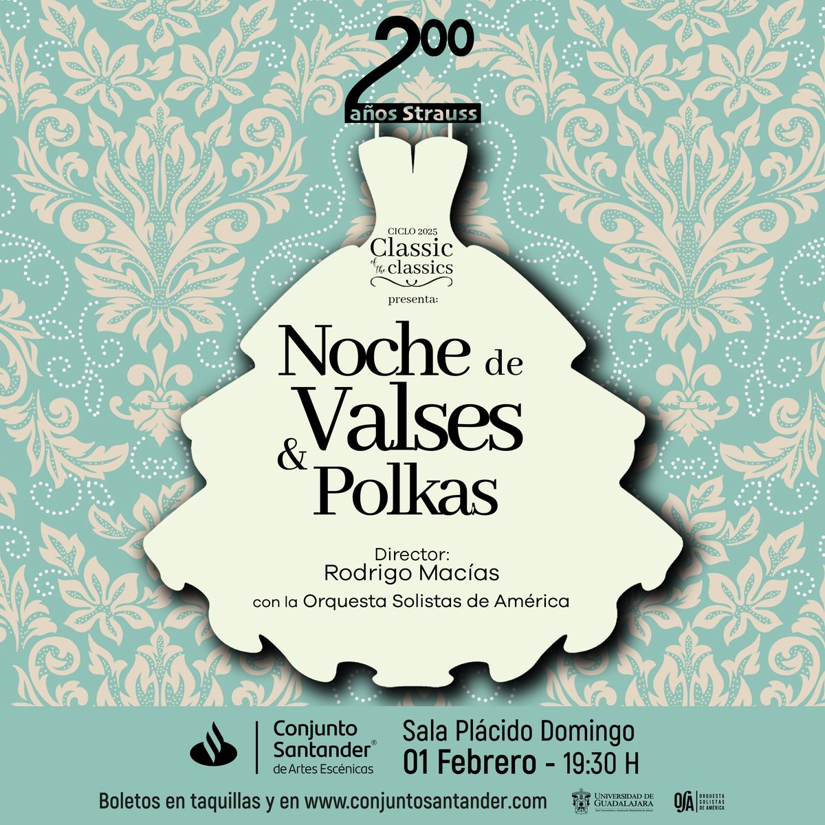 Celebra el bicentenario del nacimiento de Johann Strauss (hijo) en una espectacular Noche de Valses y Polkas 💃🎻, interpretada por la Orquesta Solistas de América, bajo la dirección de Rodrigo Macías. 🎼🌟

📆 1 de febrero 

🎟️ Boletos en bit.ly/ValsesyPolkas