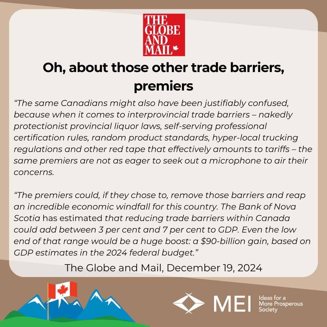 1/2 Removing interprovincial trade barriers could easily add $90 billion to our economy annually. Expanding bilateral agreements between provinces would boost productivity and improve our living standards. So, what are we waiting for? #cdnpoli

theglobeandmail.com/opinion/editor…