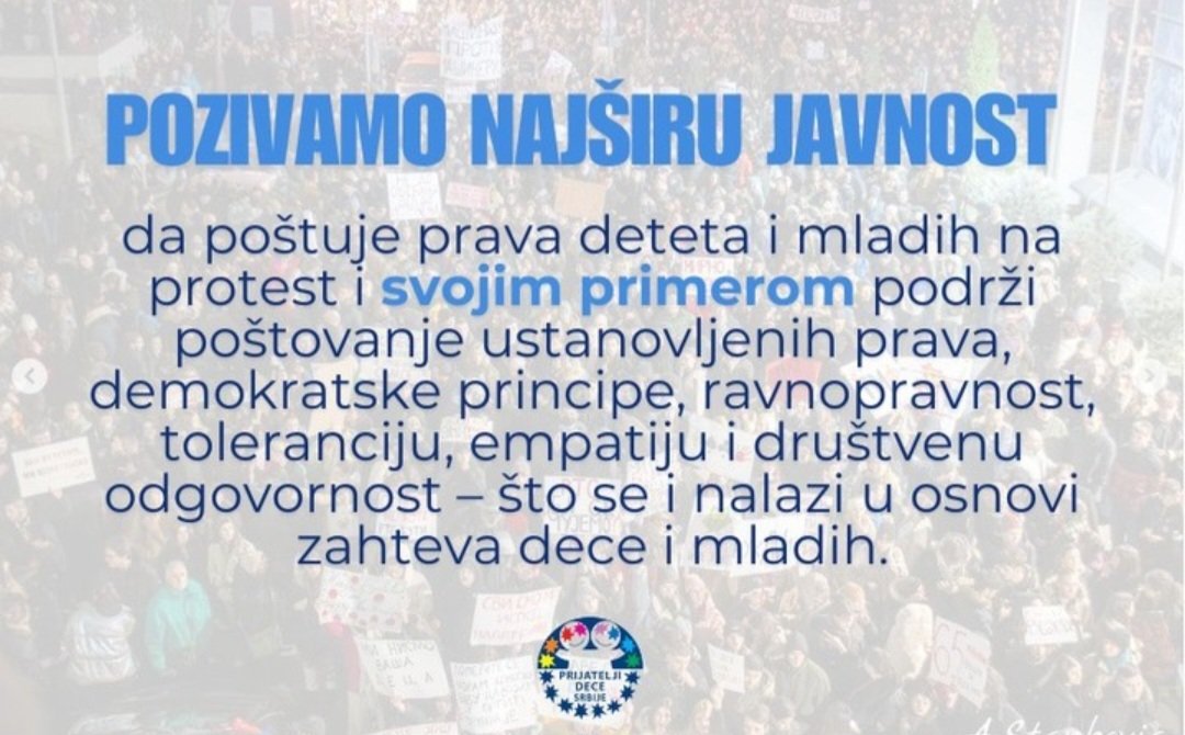 Prijateljidece's tweet photo. 📢 Povodom masovnih protesta učenika i studenata, kao i neinformisanog i parcijalnog reagovanja dela javnosti i medija, Prijatelji dece Srbije osuđuju i izražavaju veliku zabrinutost zbog incidenata i napada na decu i mlade 👇 https://t.co/O9rqNnYUjS