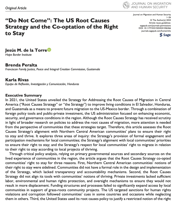 JesĂşs de la Torre (@jesussdelatorre) on Twitter photo The Biden-Harris administration launched an ambitious plan to address the #rootcauses of migration. We review the US strategy now in an article published at <a href="/JMHSjournal/">Journal on Migration & Human Security (JMHS)</a>, where we particularly focus on the role of local communities in shaping their right to stay (and migrate). The Biden-Harris administration launched an ambitious plan to address the #rootcauses of migration. We review the US strategy now in an article published at <a href="/JMHSjournal/">Journal on Migration & Human Security (JMHS)</a>, where we particularly focus on the role of local communities in shaping their right to stay (and migrate).