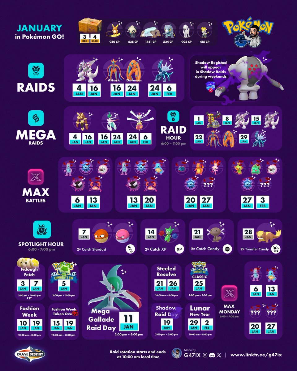 g47ix's tweet photo. January 2025 in Pokémon GO 🌟

🛡️ Shadow Registeel on weekends
⏳ Palkia, 🕰️ Dialga, &amp; 🧬 Deoxys in raids
⚔️ Shadow Raid Day
👗 Fashion Week
🚀 Team GO Rocket Takeover
🔎 Mystery Dynamax Pokémon

and more 🎉✨ #PokemonGO https://t.co/4hvVsDbYTi