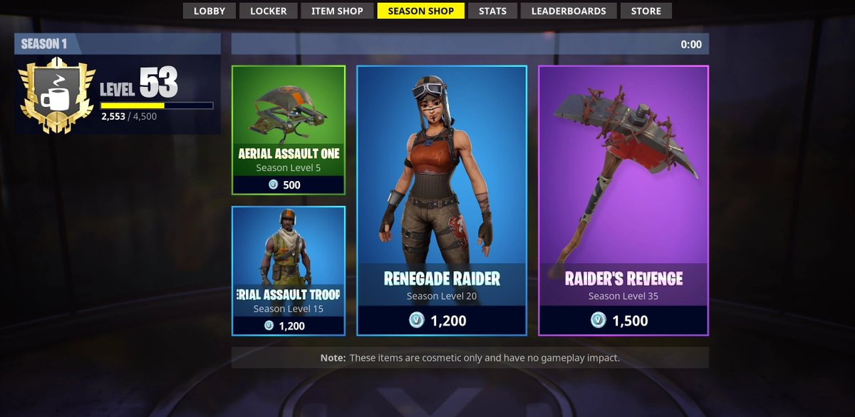 ShiinaBR's tweet photo. ALL FORTNITE SEASON SHOP ITEMS RETURN TONIGHT 🔥

- RENEGADE RAIDER
- AERIAL ASSAULT TROOPER
- RAIDER'S REVENGE
- AERIAL ASSAULT ONE https://t.co/nKpLJWDC73