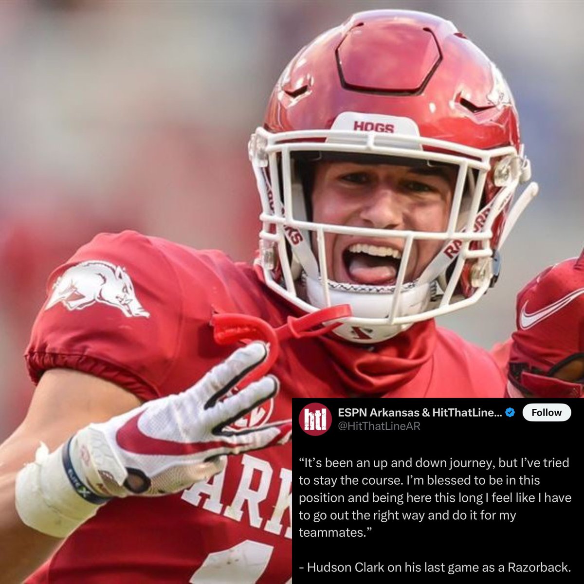 Rabid_Razorback's tweet photo. Hudson Clark is one of the most overachieving & yet negatively scrutinized Hogs I can remember. From an overlooked Walk-on that many thought would probably never see the field, to being named 1st Team All-SEC(2022) & becoming a key contributor on Defense over multiple seasons. I couldn’t care less how anyone else feels about him: I’m personally extremely grateful this man chose to play for Arkansas!👆🅰️🐗🏈

#Razorbacks #Football