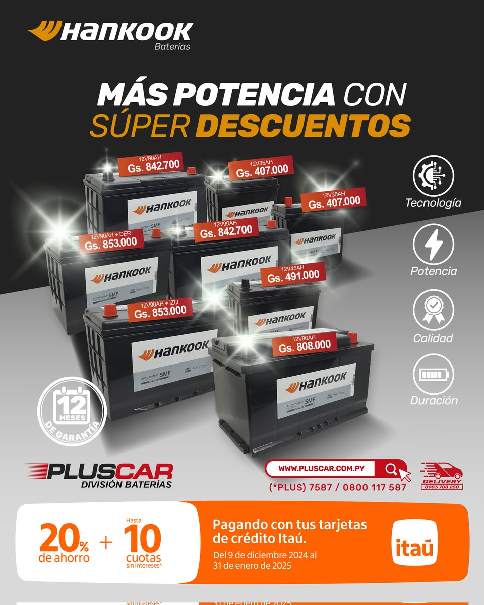 PluscarPy's tweet photo. Recargá tu vehículo con la potencia de⚡Hankook Baterías⚡y aprovechá los super descuentos de @itauparaguay
.
✅ Pedí la batería que necesitás en nuestra #SucursalDigital 📲 o en cualquiera de las sucursales del país.
.
#PluscarPy #Descuentos #Baterías #Oportunidad https://t.co/FHMmhtWggt