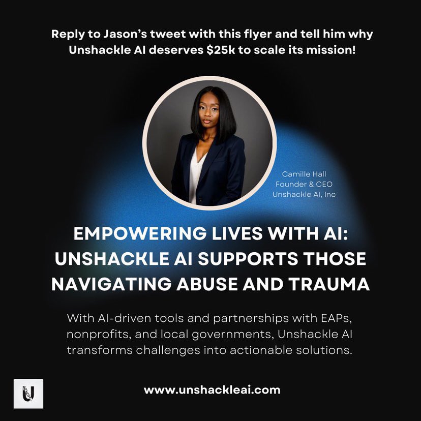 wowdamaris's tweet photo. @Jason @jason, Unshackle Al (https://t.co/ewzDTBT8hi) is a Saas platform founded by a software engineer working to empower people navigating abuse and trauma. $25k would go a long way in scaling their impact! https://t.co/bMuIe9iHck