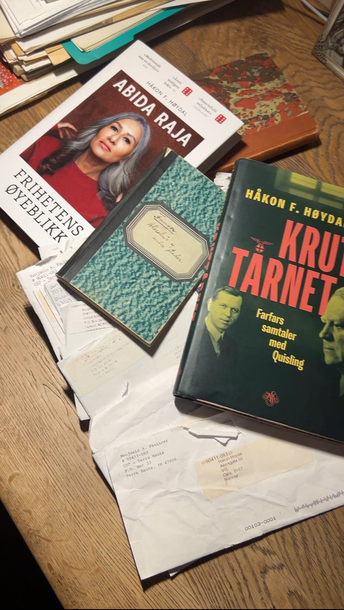 Dette har vært min utdannelse de siste sju åra: Brevene under bøkene er korrespondansen med den livstidsdømte overgriperen Warhead, som jeg har skrevet med samtidig som jeg jobbet med alt dette. De var disse brevene som fikk meg til å forstå at hva farfar skriver i dagboken fra