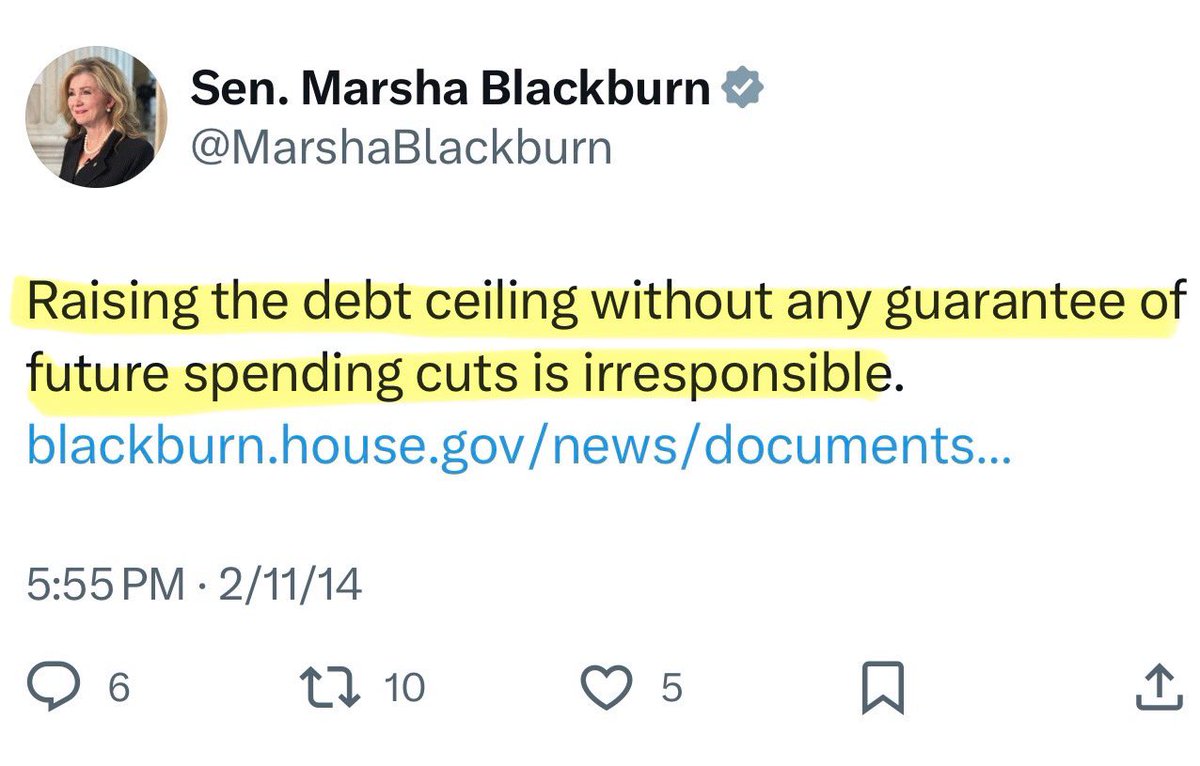 PhilNvestigates's tweet photo. Tennessee Sen. @MarshaBlackburn suddenly much more open to raising the debt ceiling than she was 10 years ago! https://t.co/suhkSnfklk