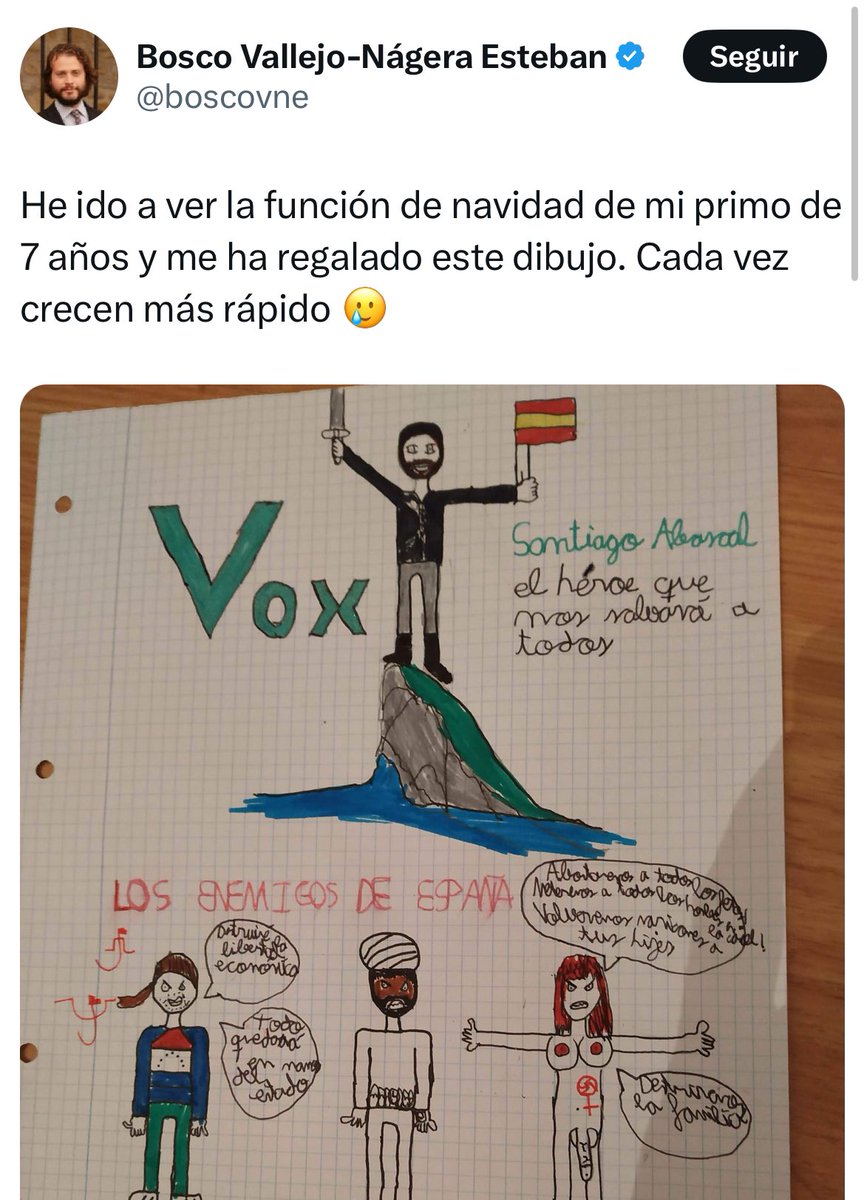 Ha tenido que venir el bisnieto del Mengele español a confirmarnos que el nivel mental de los votantes de Vox es el mismo que el de un niño de 7 años 🫣