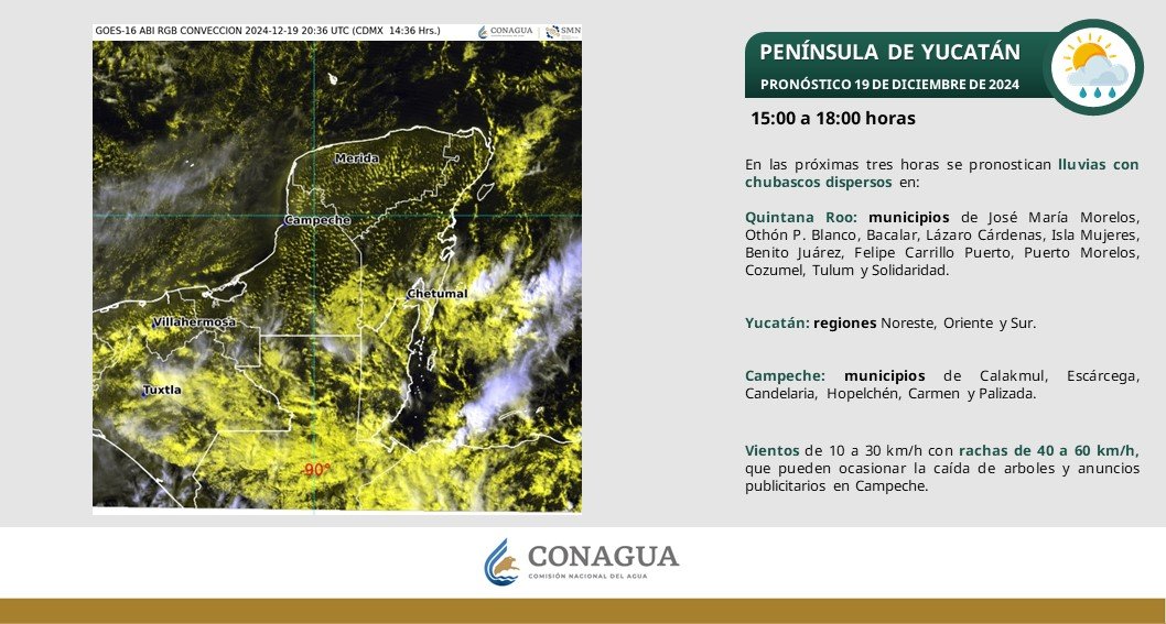 conagua_clima's tweet image. Se pronostican #Lluvias con #Chubascos dispersos en regiones de la #PenínsulaDeYucatán.