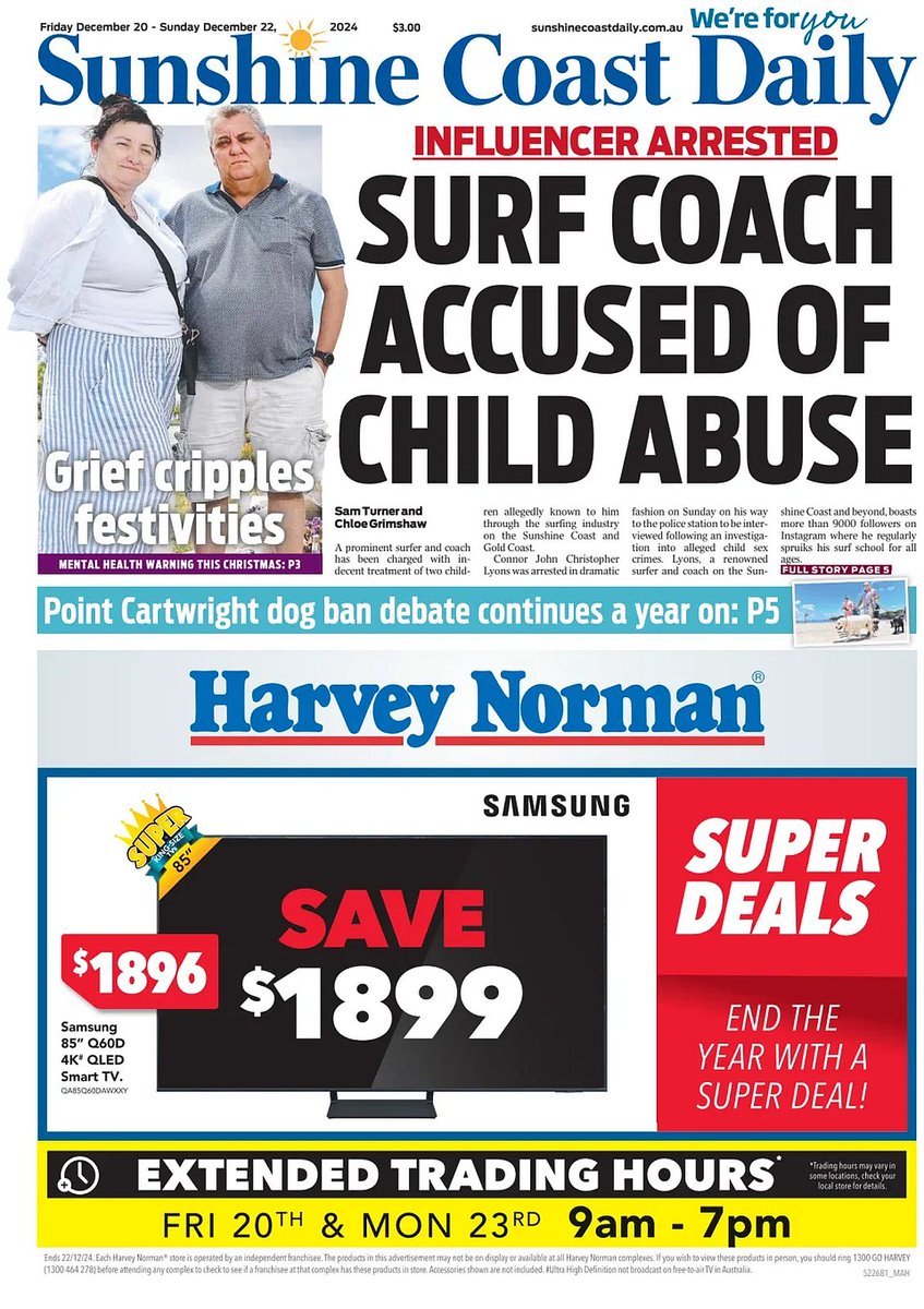 ukpapers's tweet photo. ★ Surf Coash Accused Of Child Abuse

▫Bombshell allegations have emerged following the second arrest of a Sunshine Coast surf instructor, who is accused of grooming, molesting and filming more children and deleting evidence
▫@samturner48 & Chloe Grimshaw

#frontpagestoday #Tasmania #SunshineCoastDaily ★