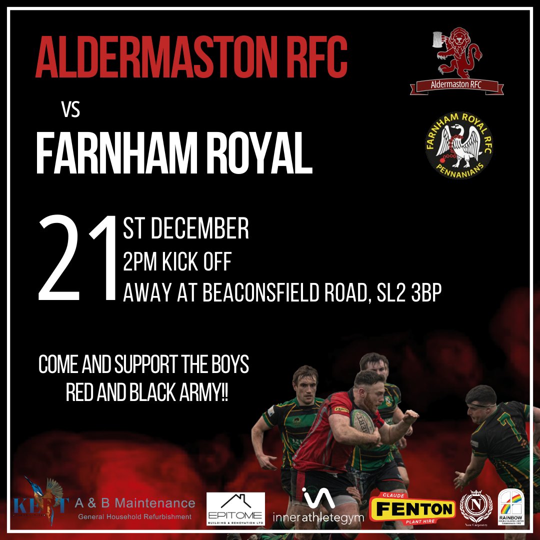 Aldermaston_RFC's tweet photo. We're off to Beaconsfield Road this Saturday, playing against Farnham Royal. Kick off is at 2pm, come and cheer the boys on!⁠

Thinking of playing rugby? Visit https://t.co/ox66EqR8yZ to find out more

⁠
#AldermastonRFC #RedandBlackArmy #RFU https://t.co/R8wCmPvTbD