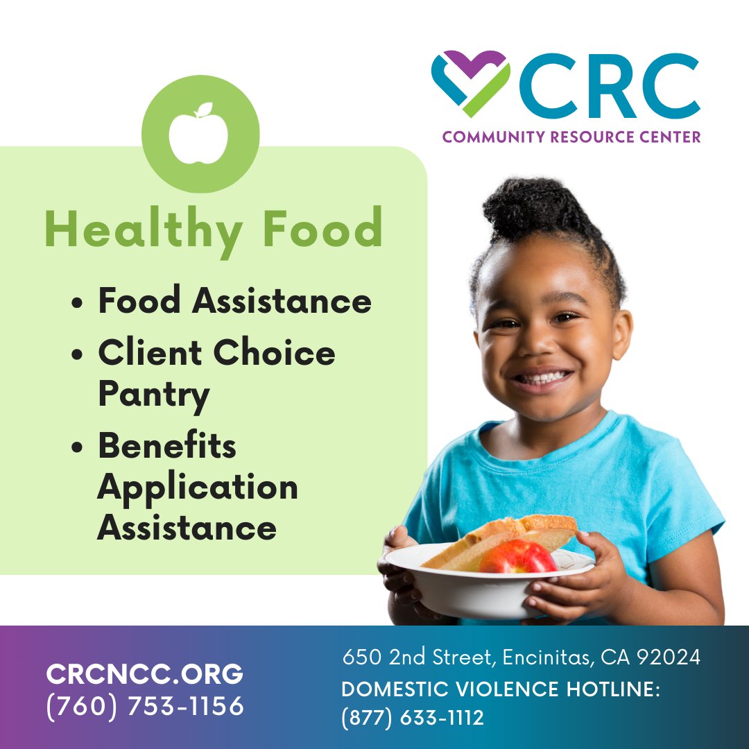Our Food &amp; Nutrition Services offer healthy food, resources and education. If you're in need of food assistance, you can learn more at crcncc.org/get-help/food-…. 

#CRCFoodProgram #EndHungerSD #CRCHealthyFood #HealthyCommunities