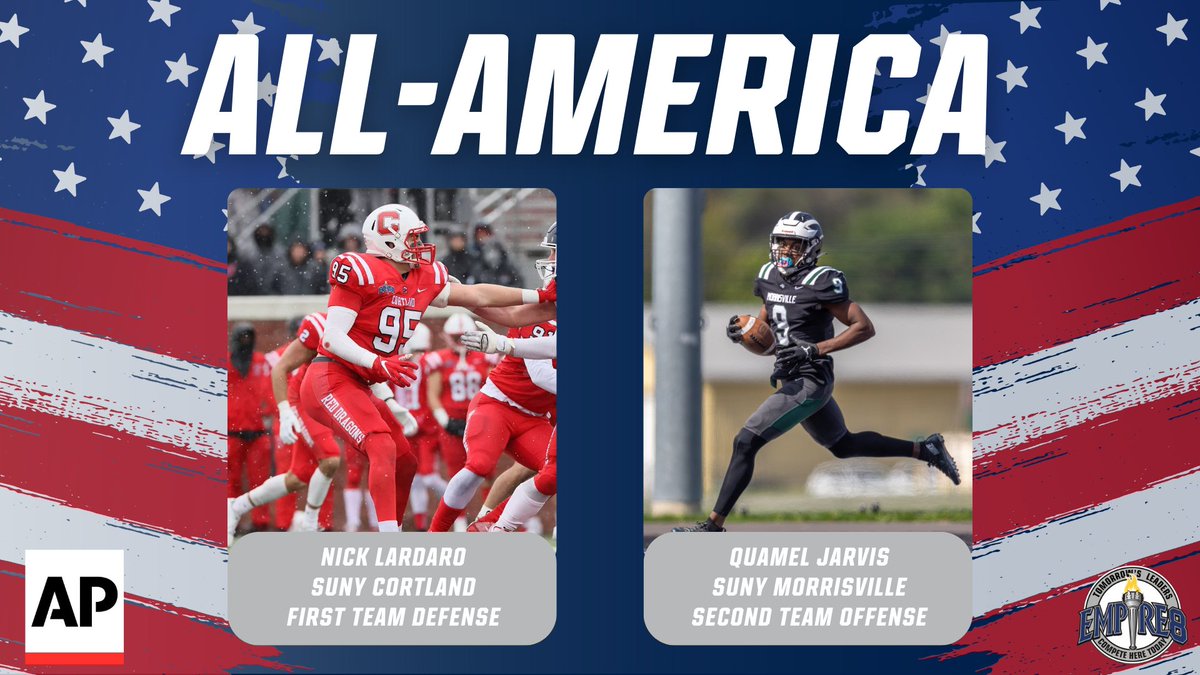 Quamel Jarvis and Nick Lardaro Named 2024 Associated Press Division III Football All-Americans <a href="/RedDragonPride/">Cortland Athletics</a> <a href="/MSCMustangs/">Morrisville Mustang Athletics</a> 
empire8.com/news/2024/12/1…

#E8 #E8Proud #LeadersCompeteHere #WhyD3