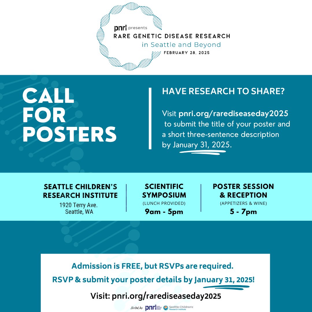 Calling all rare disease researchers, clinicians &amp; advocates! Join us on Feb 28, 2025, for a FREE Rare Disease Day symposium in Seattle. Talks, posters &amp; a reception—connect, share, &amp; collaborate! RSVP &amp; submit poster details by Jan 31: pnri.org/rarediseaseday…
#RareDiseaseDay