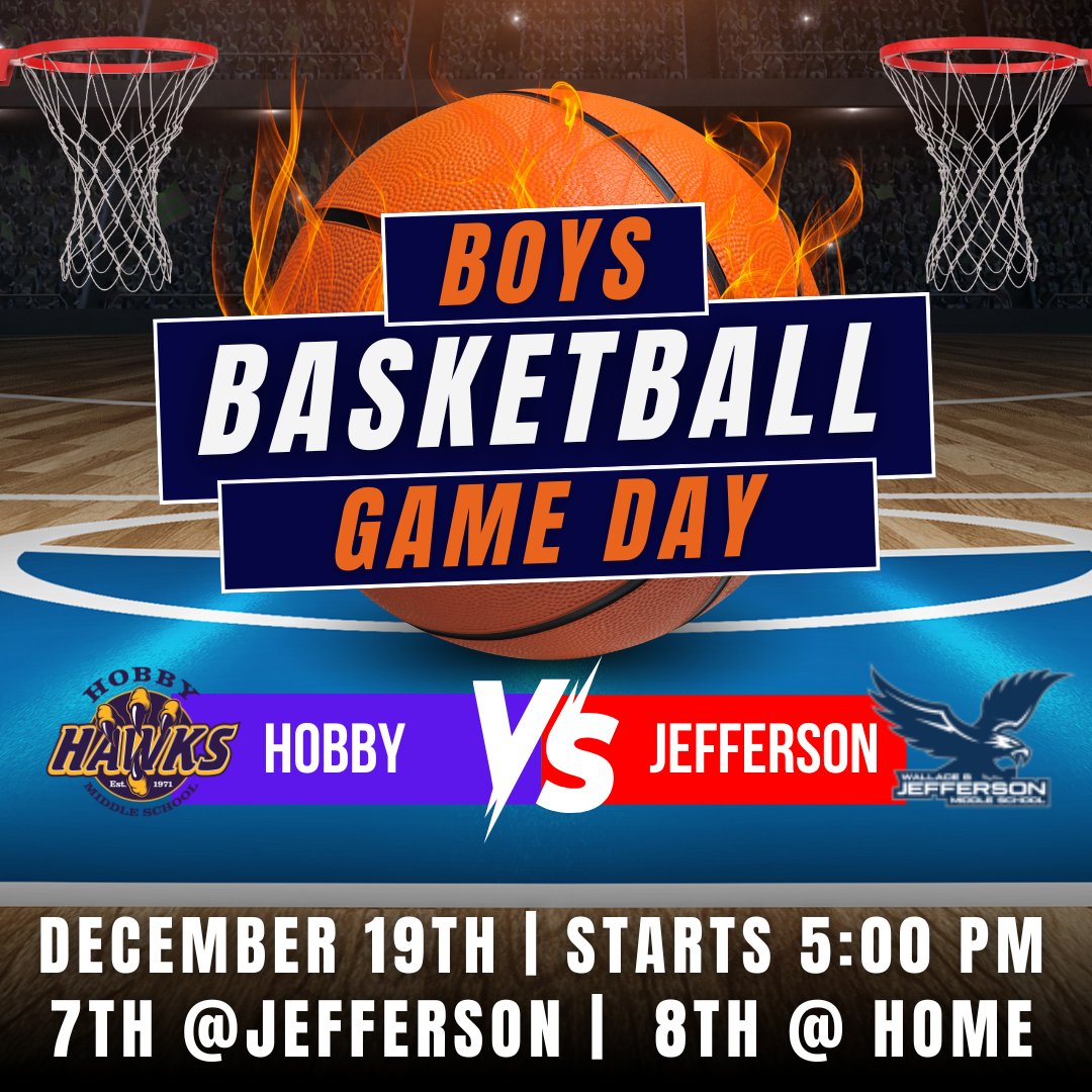 Its game day for our Hobby Hawks as they take on the Jefferson Eagles! Games begin at 5:00 pm, with 7th at Jefferson and 8th at Home. Go Hawks! #Positivepurplepower #GameDay
<a href="/HobbyBoysATH/">Hobby Boys Athletics</a>