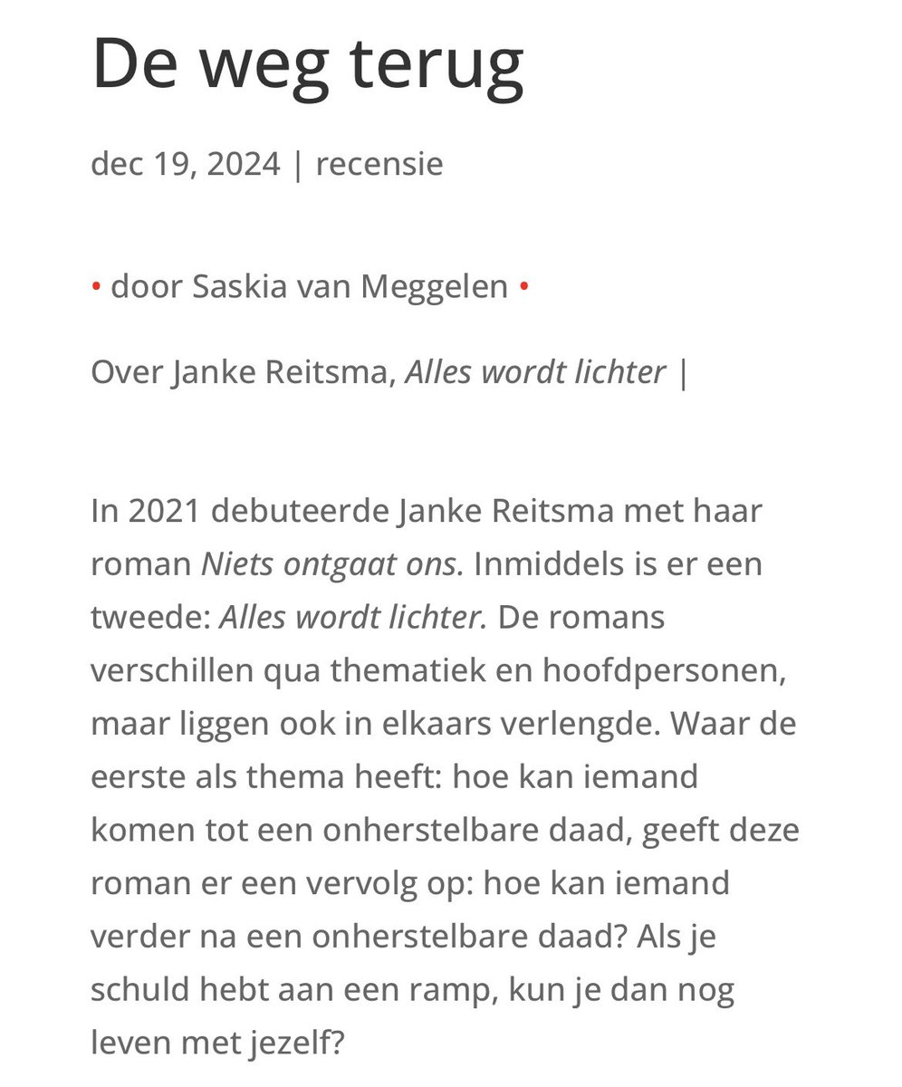 Lovende recensie over #Alleswordtlichter van #JankeReitsma door <a href="/saskiameggel/">saskia van meggelen</a> @
<a href="/UitgMozaiek/">Uitgeverij Mozaïek</a> 

Geheel te lezen: leesliter.nl/2024/12/19/de-…