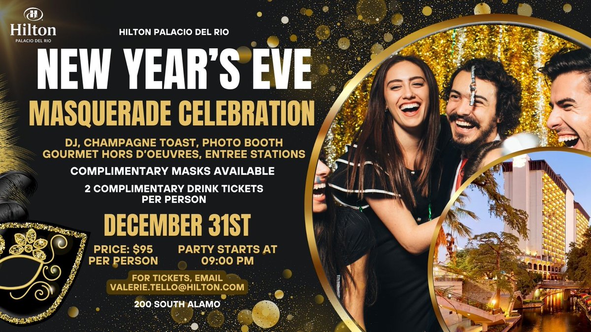 Ring in 2025 at Hilton Palacio del Rio's NYE Masquerade Celebration! 🥂 

Join us for gourmet food, live music, &amp; stunning San Antonio views.🎆
21+ guests only.

🎟️Reserve your spot now at: valerie.tello@hilton.com  #HiltonPalacioNYE #Masquerade #SanAntonioNYE