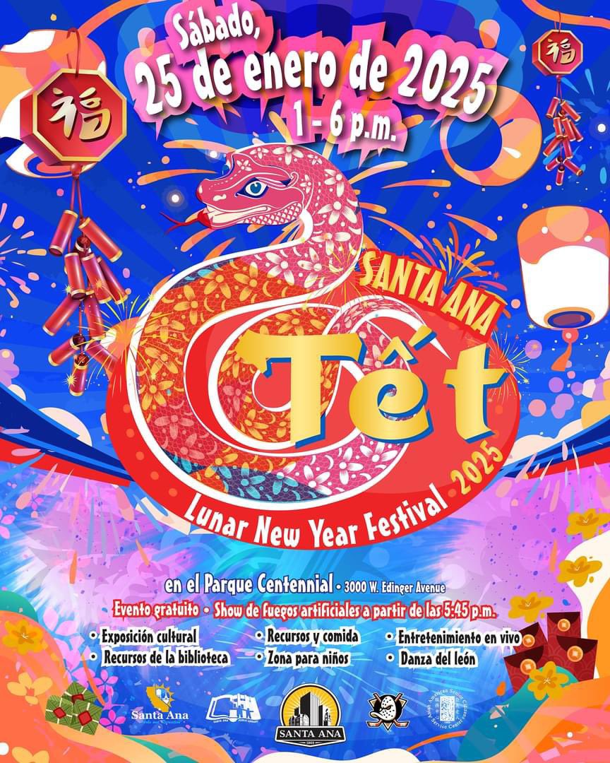 SantaAnaParks's tweet photo. Celebrate the Year of the Snake with fireworks, lion dances, and more at Santa Ana’s 2025 Tết (Lunar New Year) Festival! 🐍 💥 

Taking place on Saturday, Jan. 25 from 2-7pm at #CentennialPark, this FREE family-friendly event will be open to all &amp; is proudly brought to you by ⬇️ https://t.co/IV1t6ppDXm
