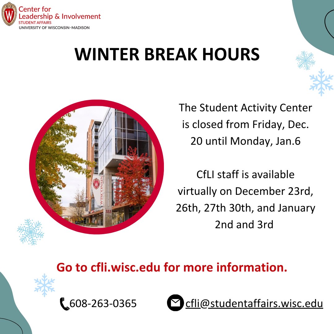 SOLI @ UW-Madison (@uw_soli) on Twitter photo Please note our hours during winter break.
We hope you all have a safe and relaxing break!! Please note our hours during winter break.
We hope you all have a safe and relaxing break!!