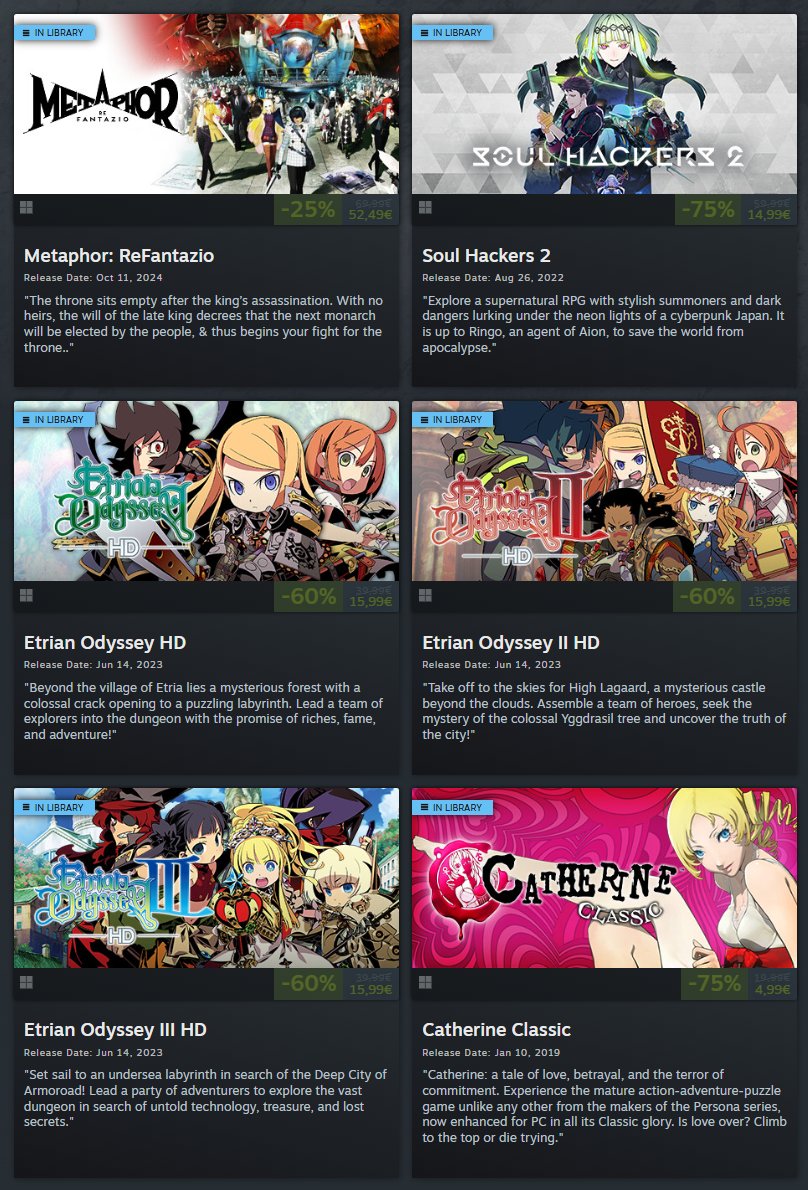 ScrambledFaz's tweet photo. All Atlus games on sale on the Steam Winter sale https://t.co/1vHqNbQgjG