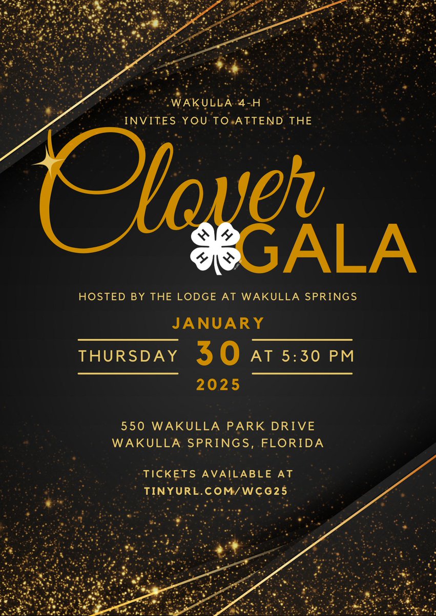 Please join us to celebrate and support Wakulla 4-H at the Clover Gala!
Hosted by the Lodge at Wakulla Springs
January 30, 2025

tinyurl.com/WCG25
