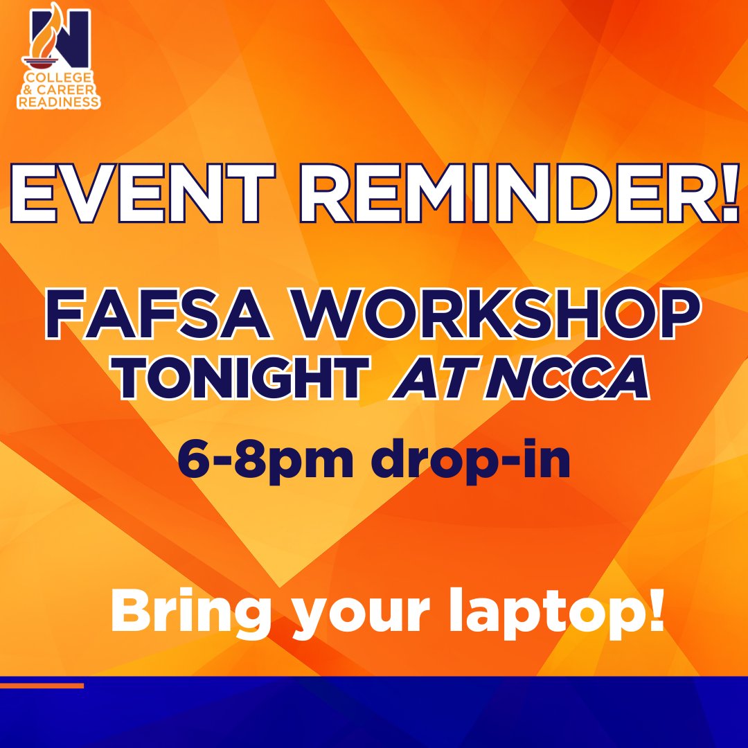 ccr_newton's tweet image. Tonight is the NCS district wide FAFSA Workshop! Join the college and career team to work on your FAFSA before the holiday break.

Newton College &amp;amp; Career Academy, drop-in between 6-8pm. Bring your laptop!