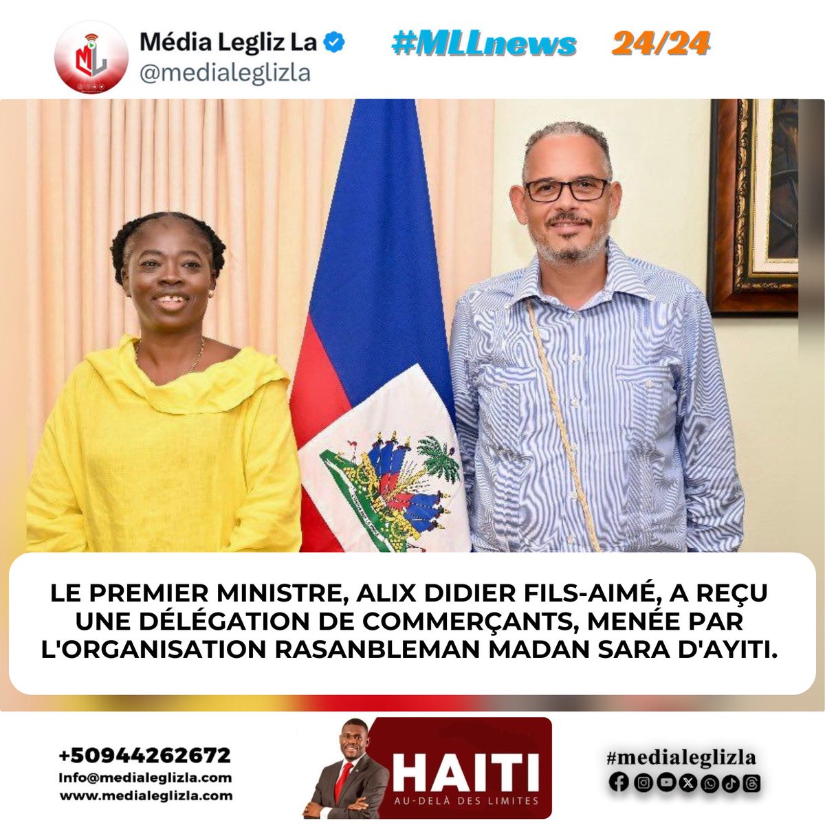 medialeglizla's tweet photo. Le 17 décembre 2024, le Premier ministre, Alix Didier Fils-Aimé, a reçu une délégation de commerçants, menée par l'organisation Rasanbleman Madan Sara D'Ayiti (#RAMSA), à sa résidence officielle à Musseau. L'objectif de cette rencontre était d'examiner les pertes considérables subies par les commerçants du secteur informel, dont les commerces sont fréquemment détruits, pillés et incendiés lors des attaques des gangs armés.

À l'issue de la réunion, plusieurs mesures de soutien ont été annoncées par la Primature, notamment un accès simplifié au crédit et des financements à taux réduits. Ces initiatives visent à permettre aux « Madan Sara » de redémarrer leurs activités et de renforcer leur indépendance économique face à la crise sécuritaire.

#MLLnews 
#Leglizlive 
#medialeglizla
