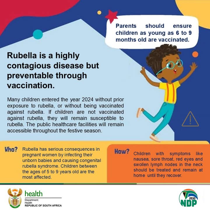 HealthZA's tweet photo. #RubellaOutbreak The Health Department has warned the public of the rising rubella cases around the country.
A total number of 10137 positive cases of rubella have been identified between Jan and Nov 2024, which is higher than cases recorded last year. https://t.co/TLAGgR8Y2l