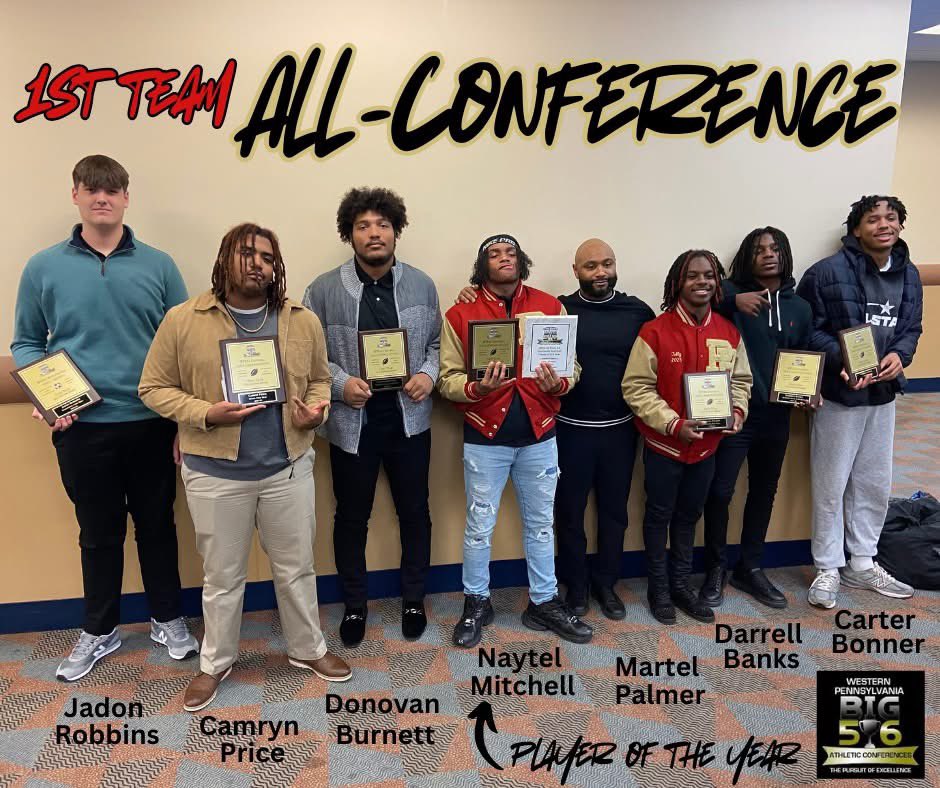 Last week, the <a href="/Big56Conference/">Big 56 Conference</a> honored Fall student-athletes who earned 1st team honors!

Boys’ Soccer: Jadon Robbins

Football <a href="/phqbclub/">PENN HILLS INDIANS FOOTBALL</a> 
First Team Defense: Donovan Burnett, Darrell Banks
First Team Offense: Camryn Price, Naytel Mitchell, Martel Palmer, Carter Bonner