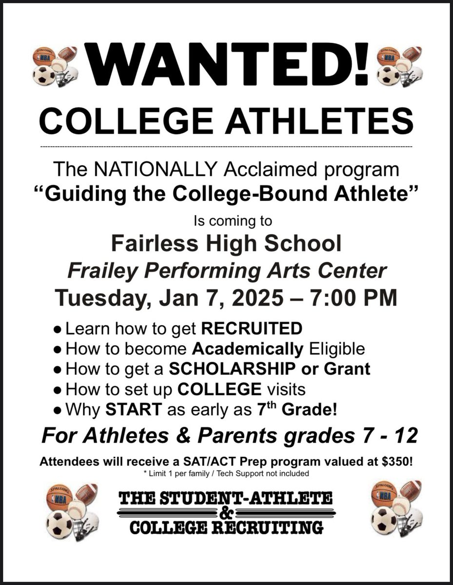 AthleticFalcons's tweet image. Attention student athletes! Ready to take your game to the next level? Join our Recruiting Seminar to learn how to stand out to college coaches. 

📅 Jan 7 - 7:00 PM 📍 Fairless HS

Don’t miss this chance to kickstart your college journey! #SOAR