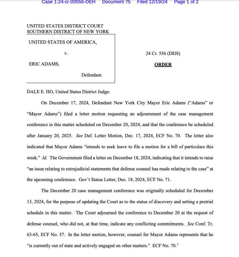 UPDATE: Mayor Eric Adams' next court hearing on Friday has been pushed to Jan. 27 — a week after the inauguration of President-elect Trump