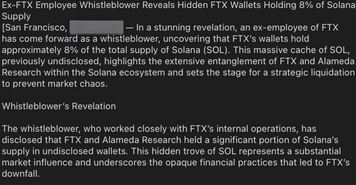CryptoSlef's tweet image. 🚨 BREAKING 🚨

SOLANA might be in trouble as an FTX whistleblower revealed they hold ~8% of SOL in undisclosed wallets. That's a whopping $7 BILLION in potential sell pressure. 

This could be bad news for SOL holders. #Solana #FTX #Crypto