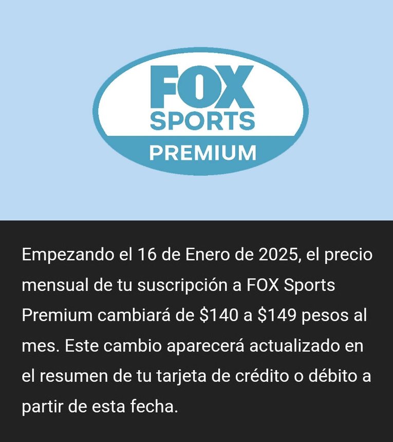 RUGIDO DE TRIPAS HASTA MORIR

Fox Sports anunció que incrementará el precio para su canal Fox Premium en 2025, quienes se niega a morir como medio de comunicación y empresa.

Un canal caro, que no ofrece nada distinto y ponen repeticiones de las repeticiones, solo terminará de
