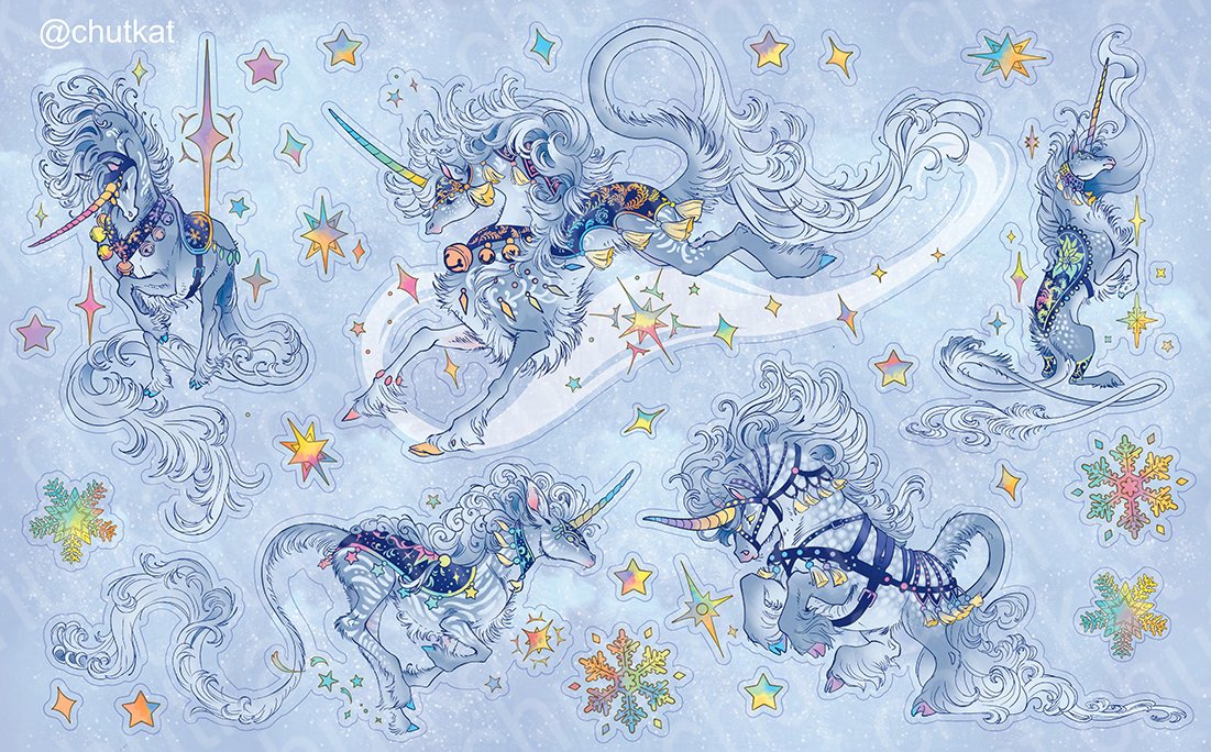 Winter Unicorn Sticker sheet for the members of my Wind Hoof Tier at my Patreon &lt;3
Still deciding whether I'll chose metal foil or holo for these.