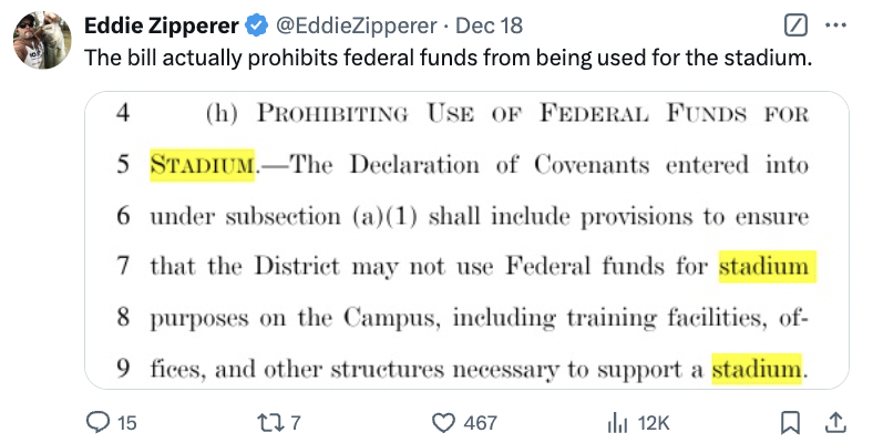 BarstoolNate's tweet photo. 1) Elon tweets that tax payers should not fund the stadium.

But..

2) The bill states no tax dollars would go towards it.

And..

3) The bill was only to transfer the land and it had nothing to do with money.

So bc Elon misunderstood it and tweeted fake news RFK site is dead. https://t.co/3iwxVYjDJV