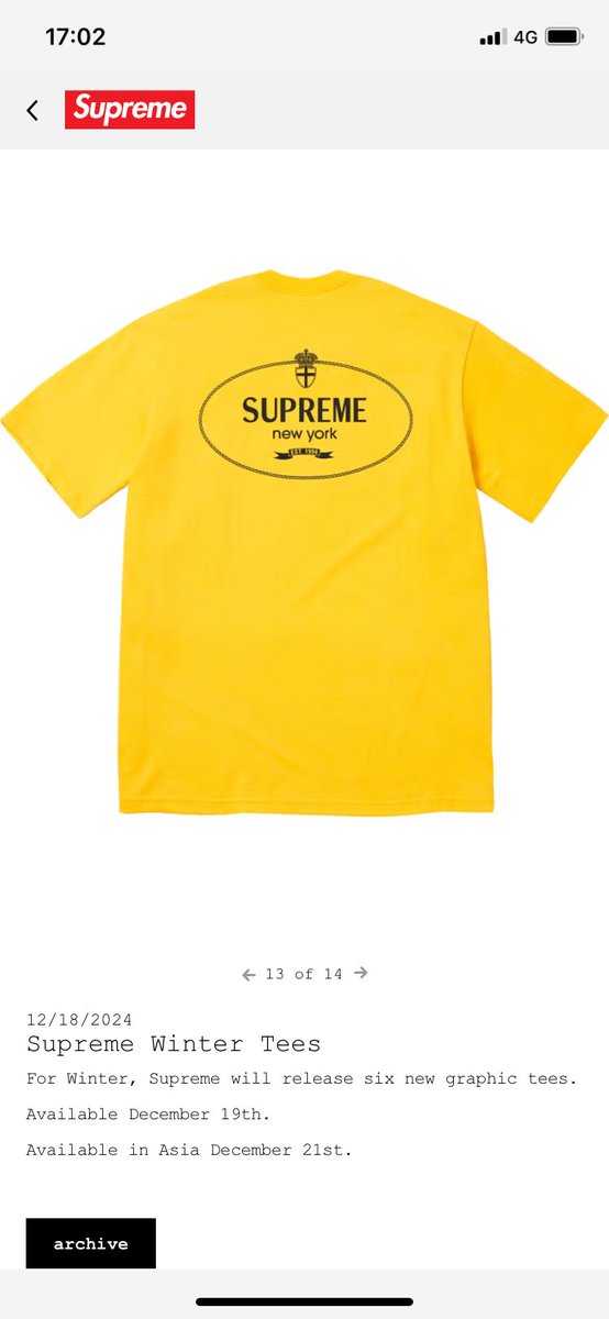 wanganusamin's tweet photo. 今週土曜日発売のシュプリームのウィンターTee、BOX LOGOやケイトモスがない・・・楽しみにしてたのに😢
けどイエローのクレストTeeに惹かれる🤔 https://t.co/PBhKdm3U3H