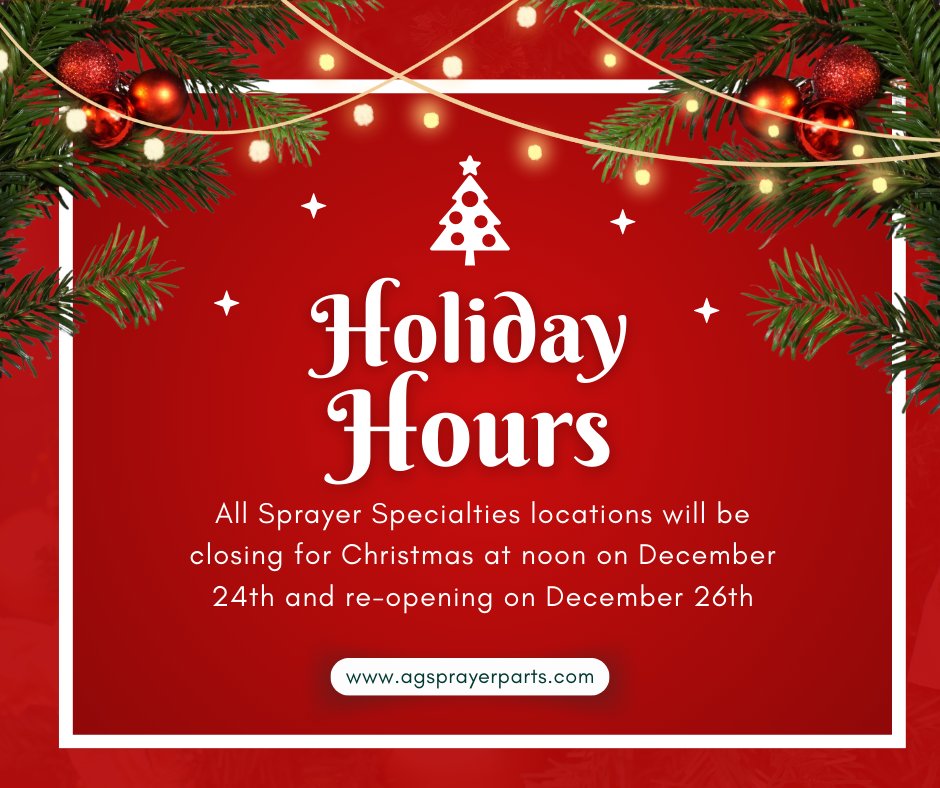 🎄 Holiday Hours Update 🎄
We’ll be closing early at 12:00 PM on Tuesday, December 24th, for Christmas. Regular hours will resume on Thursday, December 26th.

Shop anytime at agsprayerparts.com, our website is always open for your orders!