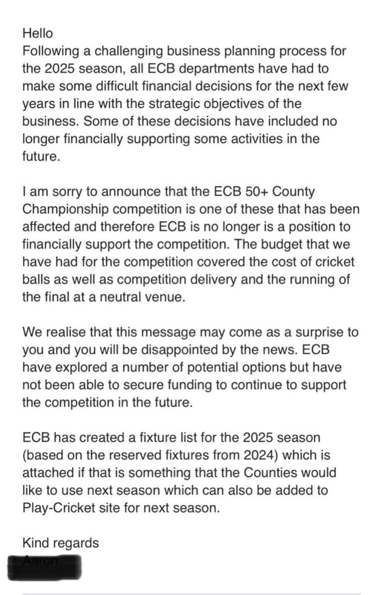Michael Blatherwick (@blathers66) on Twitter photo I couldn’t quite believe my eyes when I saw this email from <a href="/ECB_cricket/">England and Wales Cricket Board</a> saying they can’t support the 50+ comp any longer.
Pathetic really in the grand scheme of things!
<a href="/BumbleCricket/">David 'Bumble' Lloyd</a> <a href="/Phil_Wisden/">Phil Walker</a> <a href="/CountiesEngland/">England 50+ Cricket</a> I couldn’t quite believe my eyes when I saw this email from <a href="/ECB_cricket/">England and Wales Cricket Board</a> saying they can’t support the 50+ comp any longer.
Pathetic really in the grand scheme of things!
<a href="/BumbleCricket/">David 'Bumble' Lloyd</a> <a href="/Phil_Wisden/">Phil Walker</a> <a href="/CountiesEngland/">England 50+ Cricket</a>