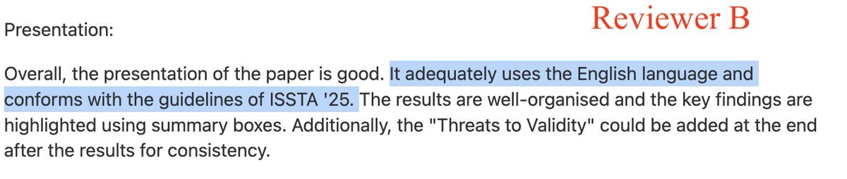 Yinfang (@yinfang_chen) on Twitter photo Very frustrated with the reviews from <a href="/issta_conf/">ISSTA Conference</a>. Highly suspect most of the review from Reviewer A was generated by LLM - high-level comments on writing style, etc. Also, "It adequately uses the English language and conforms with the guidelines.." from Reviwer B. Very frustrated with the reviews from <a href="/issta_conf/">ISSTA Conference</a>. Highly suspect most of the review from Reviewer A was generated by LLM - high-level comments on writing style, etc. Also, "It adequately uses the English language and conforms with the guidelines.." from Reviwer B.