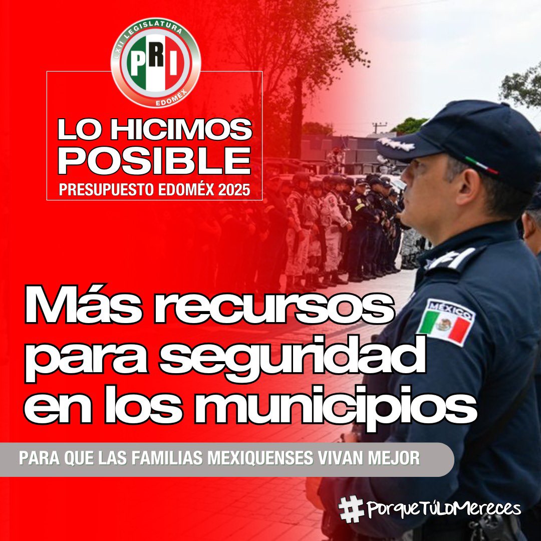 Hoy fue aprobado el presupuesto 2025; reconocemos a las y los integrantes del <a href="/DipPRIedomex/">Diputadas y Diputados PRI Edoméx</a> por hacer posible:

✅ Reducir tus gastos por pago de tenencia.
✅ Descuentos en predial y agua. 
✅ Más recursos para seguridad en municipios.

¡#PorqueTúLoMereces, en el PRI trabajamos
