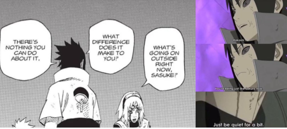 WeddaxX's tweet photo. Sasusaku Shippers will bring up this smirk as if Sasuke didn’t Say this to Sakura right after 💀 #Sasusaku https://t.co/BOZbiId1bx