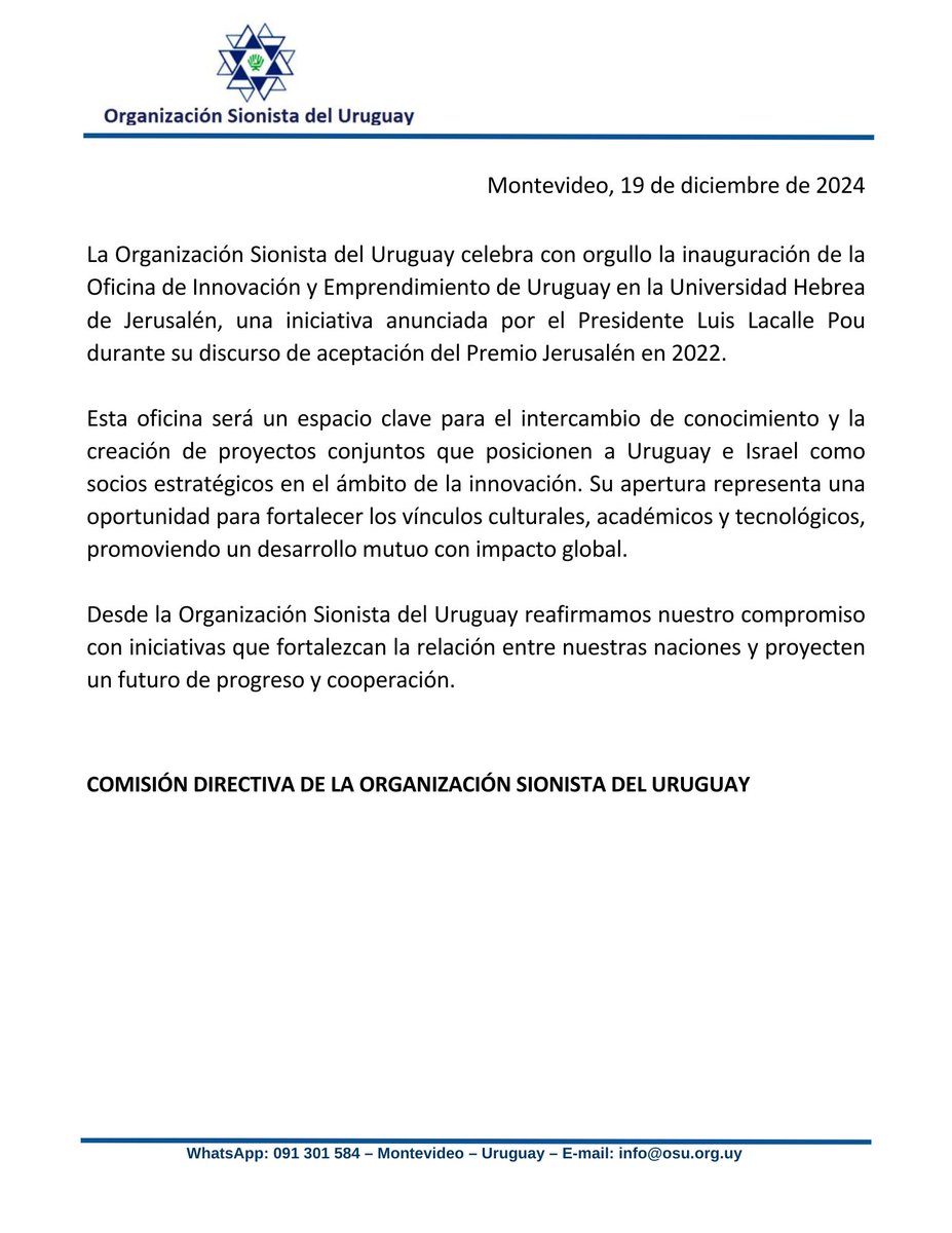 Comunicado de la Organización Sionista del Uruguay ante la inauguración de la Oficina de Innovación y Emprendimiento de Uruguay en Jerusalén.