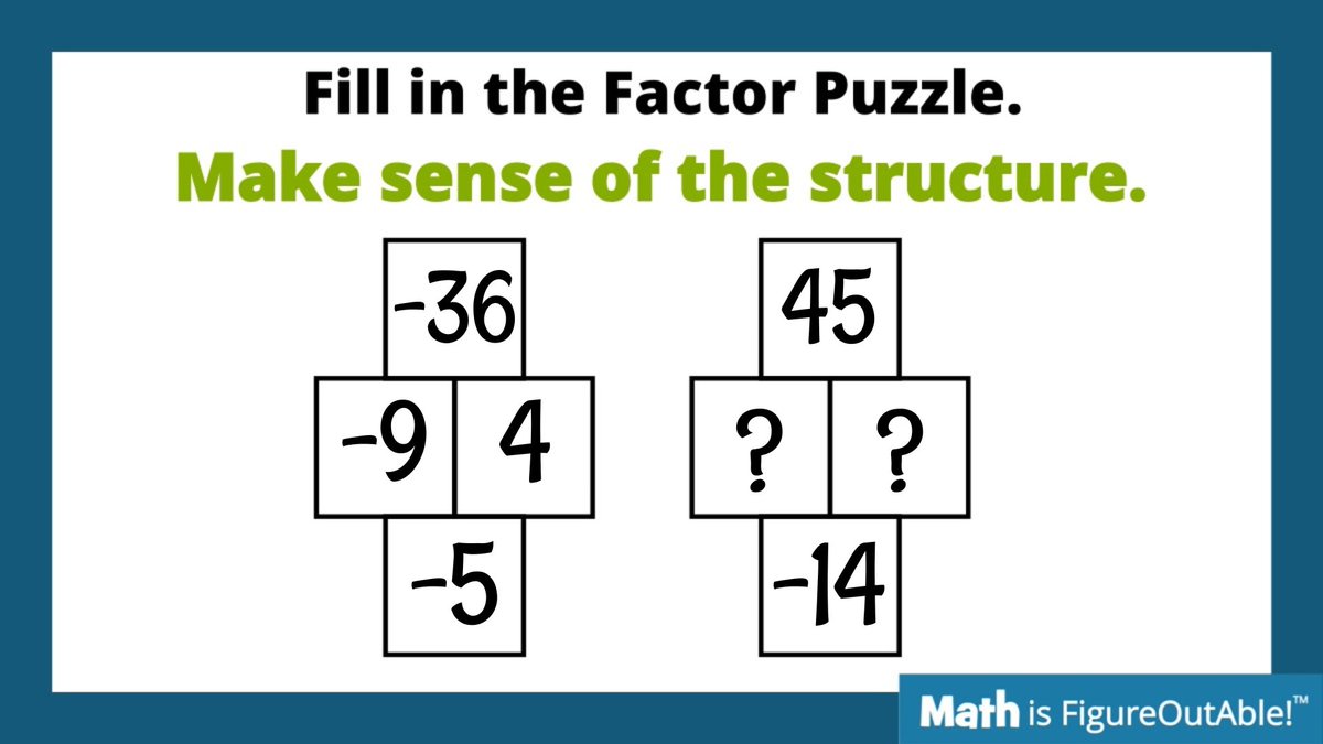#TryThisThursday

Factor Puzzles! Practice facts and get ready to factor quadratics at the same time. Win-win

#MathIsFigureOutAble #MTBoS #ITeachMath #MathEd