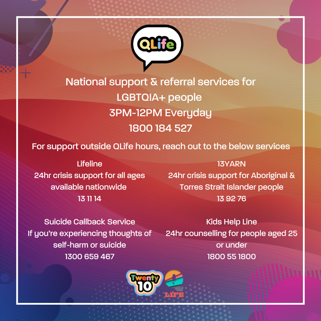 Twenty10 and our in-person services will be closed from MON 23 DEC 2024 and will reopen on MON 6 JAN 2025.

QLife remains available 3pm-midnight everyday.

Get in touch with free anonymous peer support at qlife.org.au