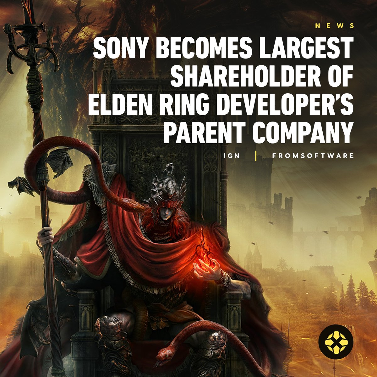 IGN's tweet photo. After an investment of 50 billion yen (approx. $318 million), Sony is now the largest shareholder in FromSoftware parent company Kadokawa, with 10% of the company’s shares. https://t.co/e3ABPeM2ik https://t.co/RvBdjZE8IC
